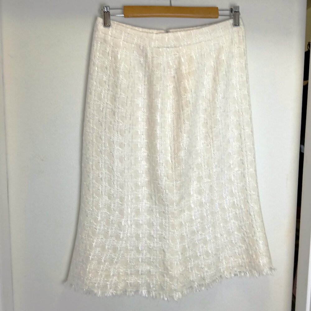 Vintage 90's Doncaster White Cotton Blend Tweed A-Line Midi Frayed Hem Skirt Sz6